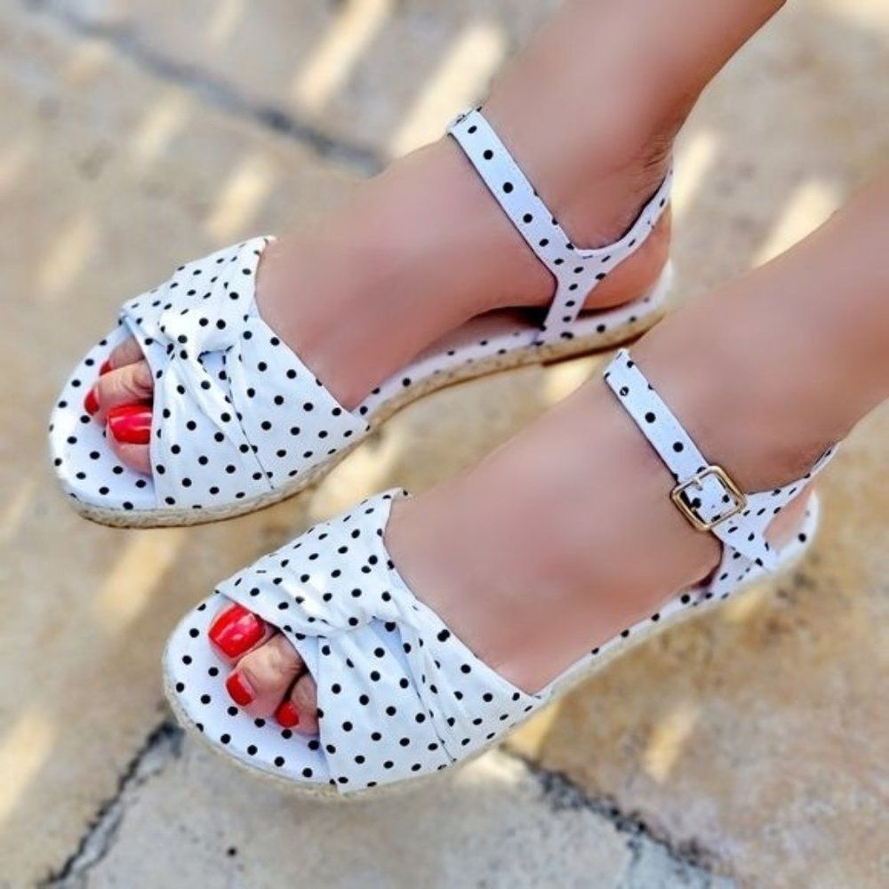 Women's Espadrille Open Toe Polkadot Ankle Strap Flat Sandals White Color - Picture 2 of 4